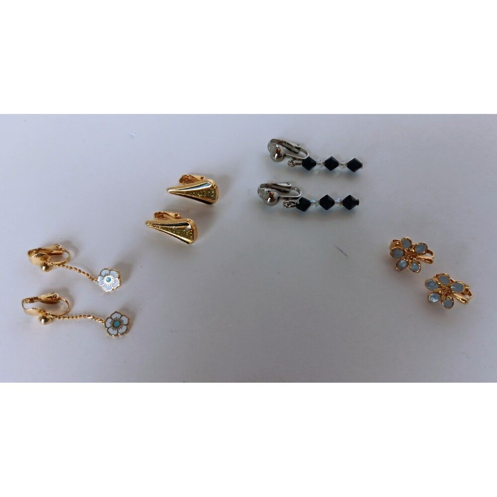 Modern Lot Of 4 Clip On Earrings Mixed Styles Floral Fan and Bicone Bead Dangles - Picture 2 of 5